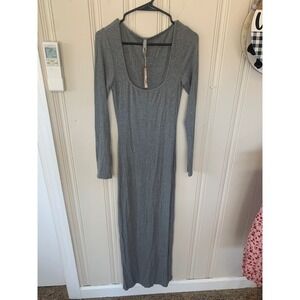 SKIMS Soft Lounge Long Sleeve Dress Heather Gray Ribbed Maxi Scoop Neck L NWT